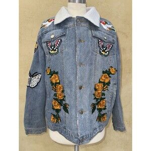 Latiste by Amy Tiger Jean jacket sherpa lined Patches Embroidered Floral Large